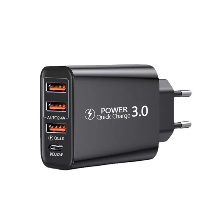 Incarcator travel de perete Quick Charge cu 4 porturi, 3 x USB/ 1 x USB-C 20 W, negru