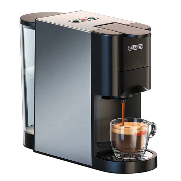 HiBREW H3A 4 az 1-ben Kapszulás kávéfőző, 19 bar, 1450 W, 1000 ml, Nespresso, Dolce Gusto és őrölt kávékapszulákkal kompatibilis, fekete/szürke