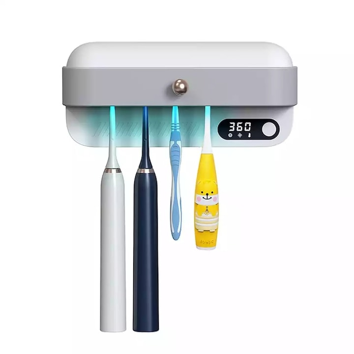Държач за четка за зъби с 4 гнезда, функция UV сушене и стерилизация, 3 режима на работа, батерия 3000 mAh, стенен монтаж