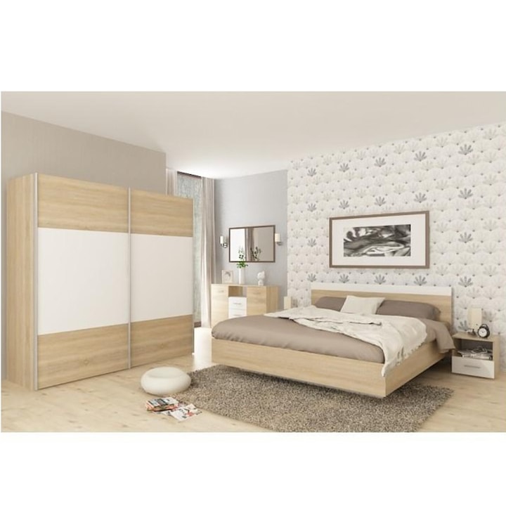 Комплект мебели за спалня МДФ естествен дъб сонома бяло, легло 180x200 см, Габриела 201,6x62x200 см