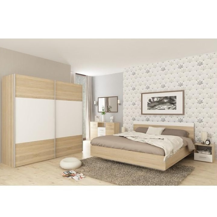 Комплект мебели за спалня МДФ естествен дъб сонома бяло, легло 160x200 см, Габриела 201,6x62x200 см