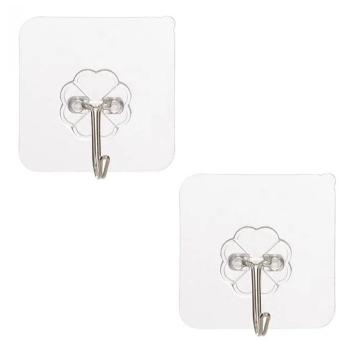 Set 2 carlige transparente, autoadezive, pentru baie sau bucatarie, greutate maxima 1.5 kg, 6 x 6 cm