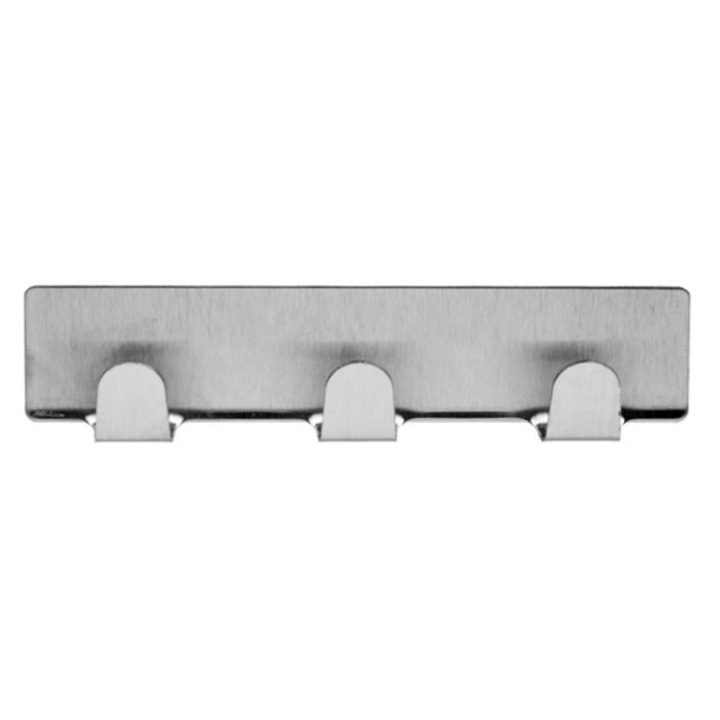 Cuier metalic cu 3 carlige, autoadeziv, greutate maxima 3 kg, 11 cm, argintiu