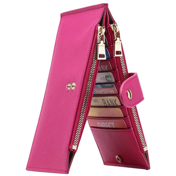 Portofel Pentru Femei Cu Protectie RFID, ESL By Essential Level®, Suport 18 Carduri De Credit + 2 ID, 2 Buzunare Cu Fermoar, Inchidere Sigura, Design Elegant Si Practic Pentru Calatorii, Poseta Sau Geanta, Organizare Compacta, Roz