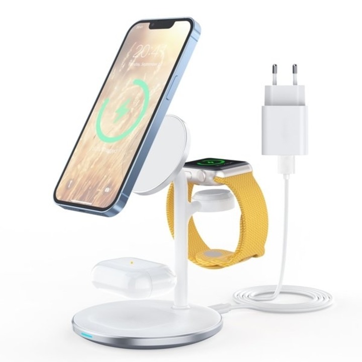 Vezeték nélküli töltő fixGuard T585, 3 az 1-ben, Vezeték nélküli töltő, Qi iPhone 12 / 13 / 14-hez, Apple óra / Airpods, Fehér