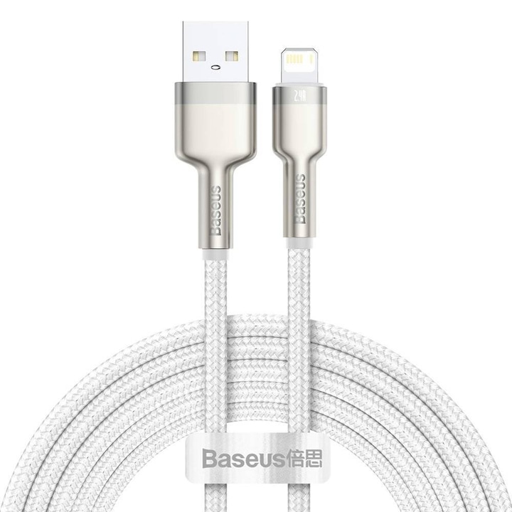 Cablu alimentare si date Baseus, Cafule Metal, Fast Charging, USB la tip Lightning 2.4A braided, 2 m, Alb