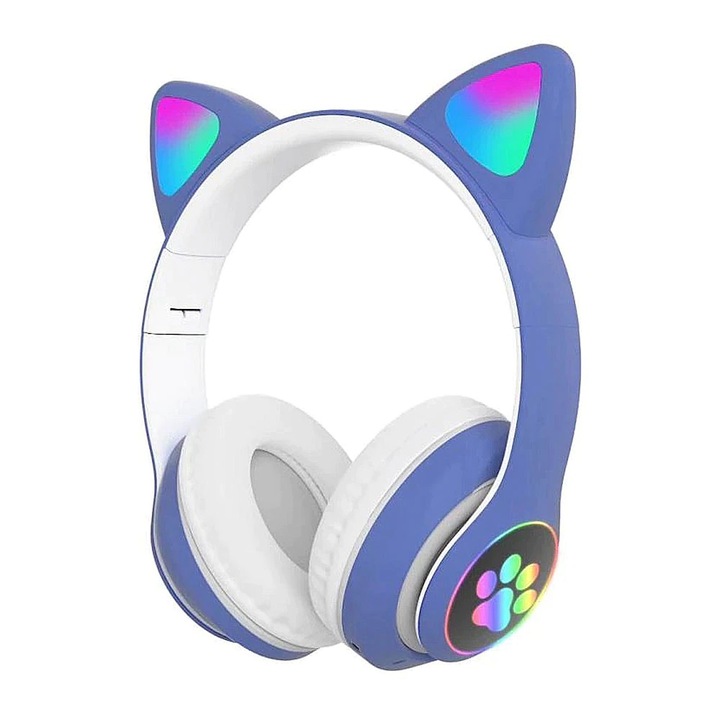 Безжични слушалки EDAR, котешки уши, сгъваеми, HiFi, бас стерео, LED, TF, тъмносини