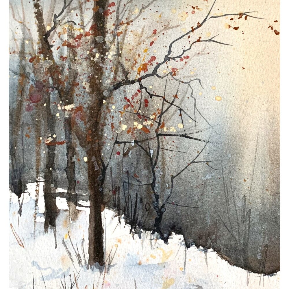 Pictura in acuarela, Natura peisaj de iarna – pictat manual, dimensiune  19*28 cm 