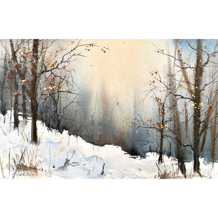 Pictura in acuarela, Natura peisaj de iarna – pictat manual, dimensiune 19*28 cm