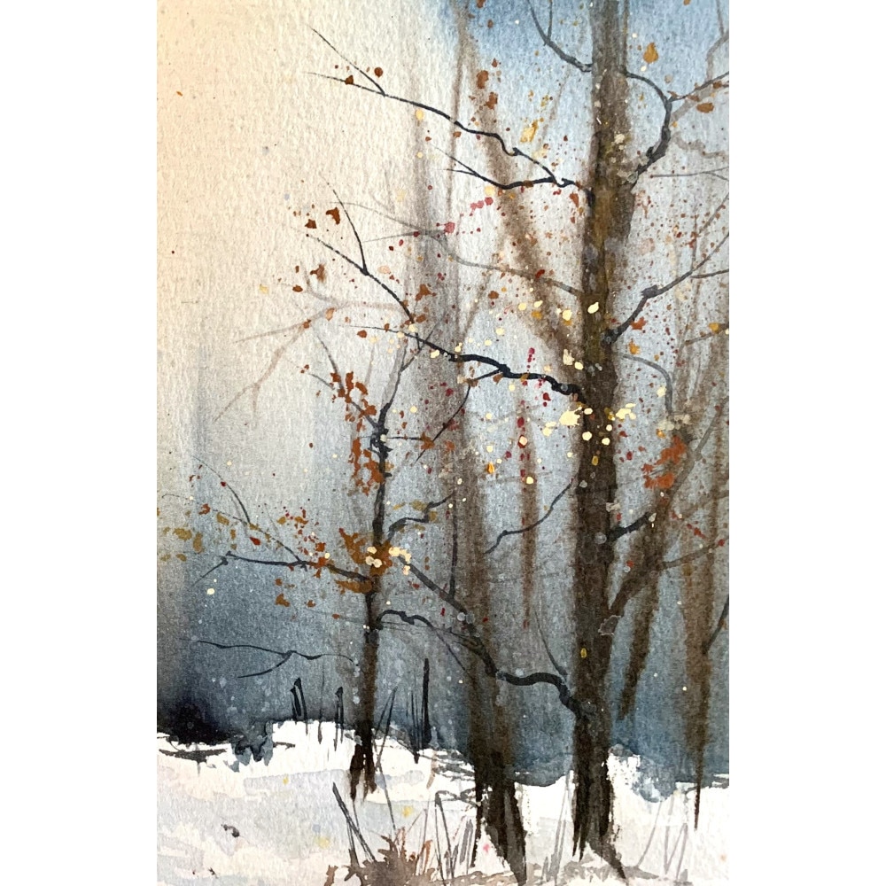 Pictura in acuarela, Natura peisaj de iarna – pictat manual, dimensiune  19*28 cm 