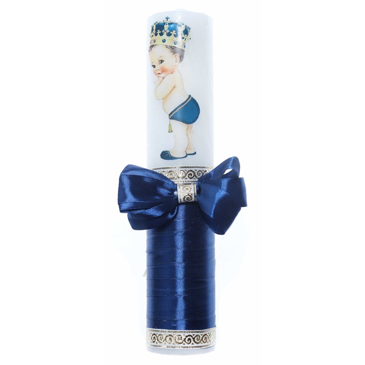 Lumanare botez cu Bebe Print accesorizata cu panglica Bleumarin, Recostore®, REC2212