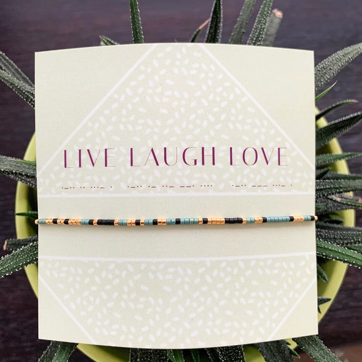 Bratara mesaj cod Morse "LIVE LAUGH LOVE", reglabila, dama, snur matase, placat cu aur 24K, Soft Green Black