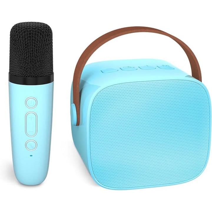 Boxa portabila tip karaoke cu microfon wireless pentru copii, conexiune bluetooth, stocare extinsa cu card pana la 32 GB, albastru deschis
