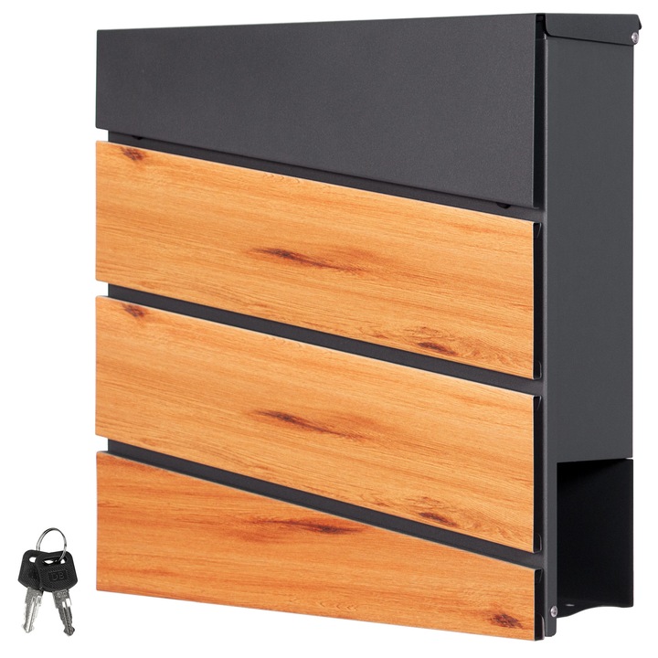 Cutie postala, ML-Design, 11 x 37 x 36,5 cm, otel, negru, compartiment pentru ziare, 2 chei, design modern