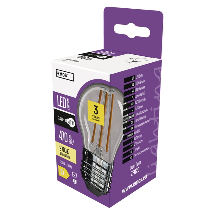 EMOS LED Filament Izzó Kisgömb 3,4W E27 470lm meleg fehér ZF1120