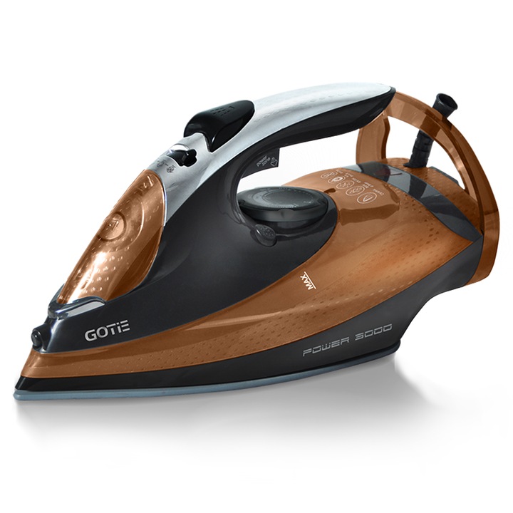 Fier de calcat GOTIE GZE-3000, Sistem anti-picurare, Curatare automata / Indepartare calcar, Steam boost 210 g/min, 3000 W, Negru / Auriu