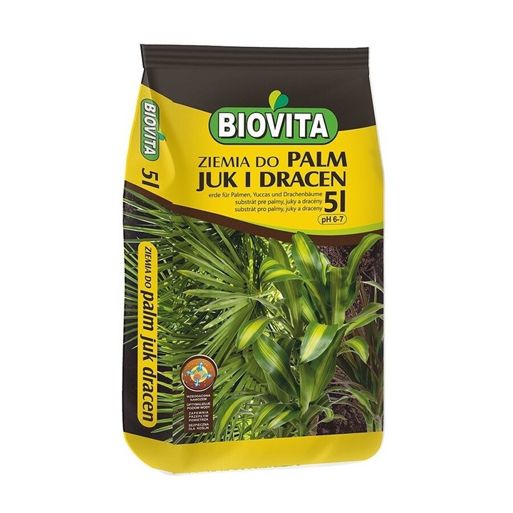 Substrat de sol pentru palmieri, Biovita, Yucca, Dracaena, 5L, imbogatit cu ingrasamant, optimizeaza fluxul de apa, pH 6-7, aditiv de perlit, creste viata plantelor, favorizeaza cresterea