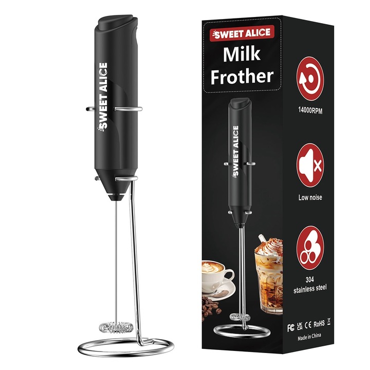 Mixer spuma lapte, Electric cu baterie, SDLOGAL, bauturi calde/reci, maner izolat termic, otel inoxidabil, Pentru latte, ciocolata calda, cappuccino, frappe, usor de folosit