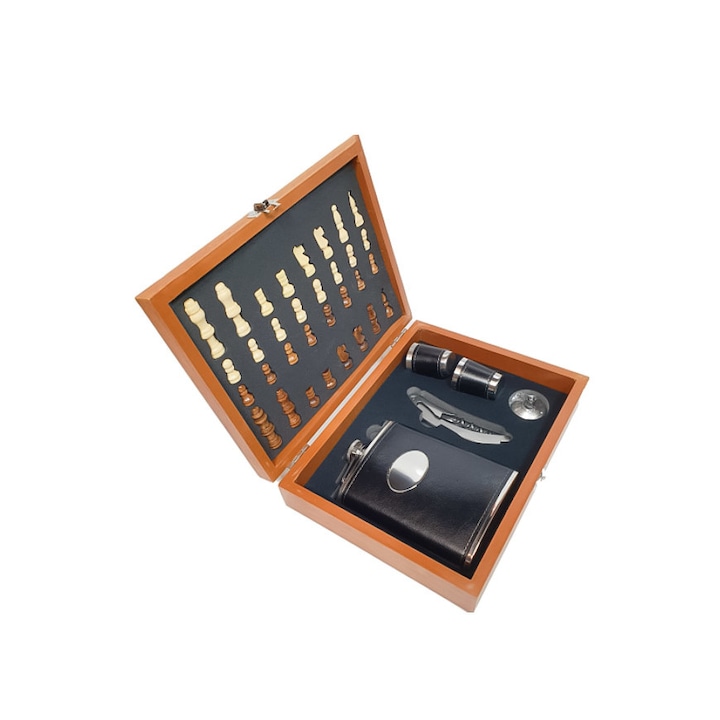 Set cutie eleganta, joc de sah complet, plosca de 200 ml din inox si piele ecologica neagra cu 2 pahare pentru tarie, briceag cu desfacator si palnie, Doty