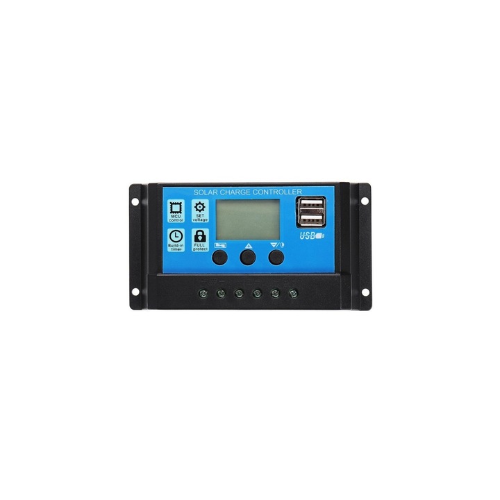 Controler PWM, Regulator Solar 30A 12v/24v, PWM, Albastru, 2 Porturi USB, Zutech Elemp Group