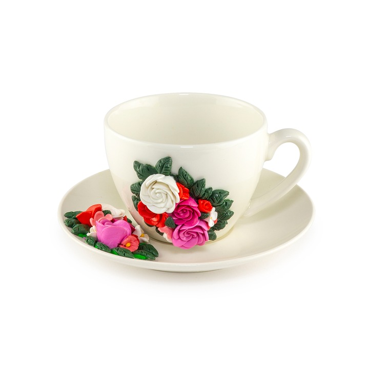 Set Ceasca & Farfurie decorat cu flori fimo Rosu-Roz, YoobirimBox Handmade, 200 ml