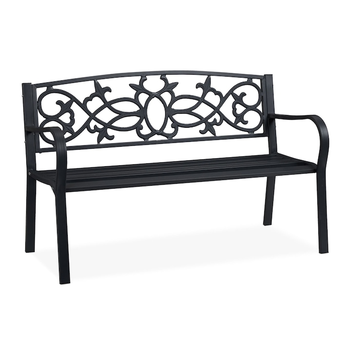 Banca vintage pentru exterior, Relaxdays, otel si fonta, negru, dimensiuni 80 x 124,5 x 58 cm