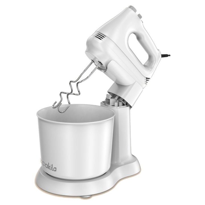 Decakila kézi mixer tállal, 200 W, 2,5 L, 5 sebesség + Turbo, Fehér
