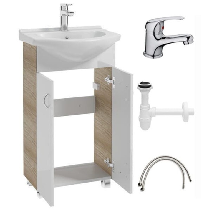 Set de baie dulap de lavoar de sine statator, cu robinet+sifon, PAL, Alb/Maro, 80x50x26 cm