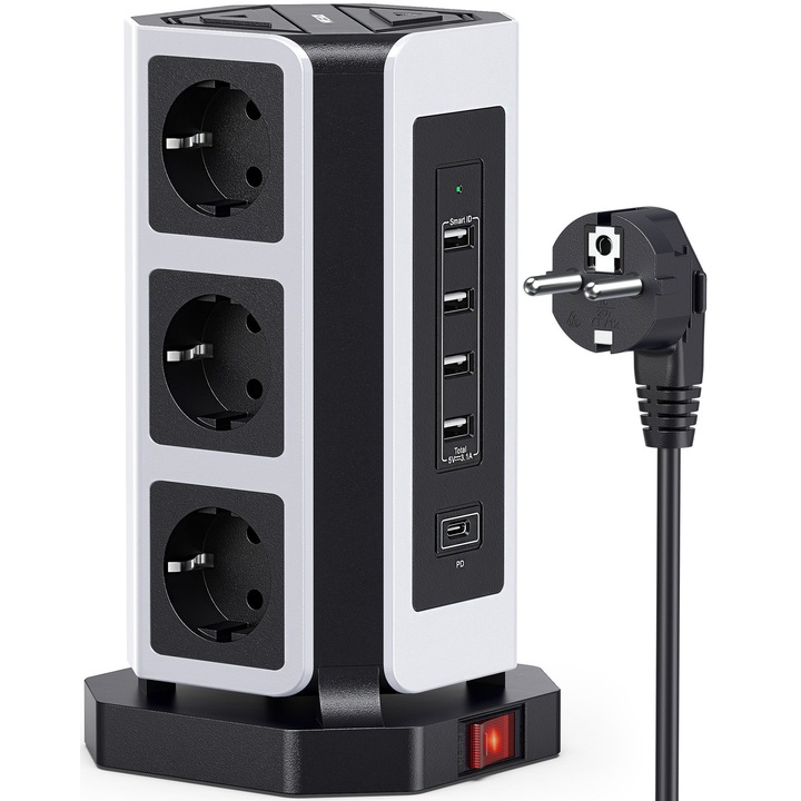 Удължител тип кула, NVEESHOX, 4 USB, USB-C, 9 гнезда, 2 м, бяло/черно