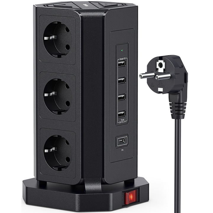 Удължител тип кула NVEESHOX, 4 USB, USB-C, 9 гнезда, 2 м, черен