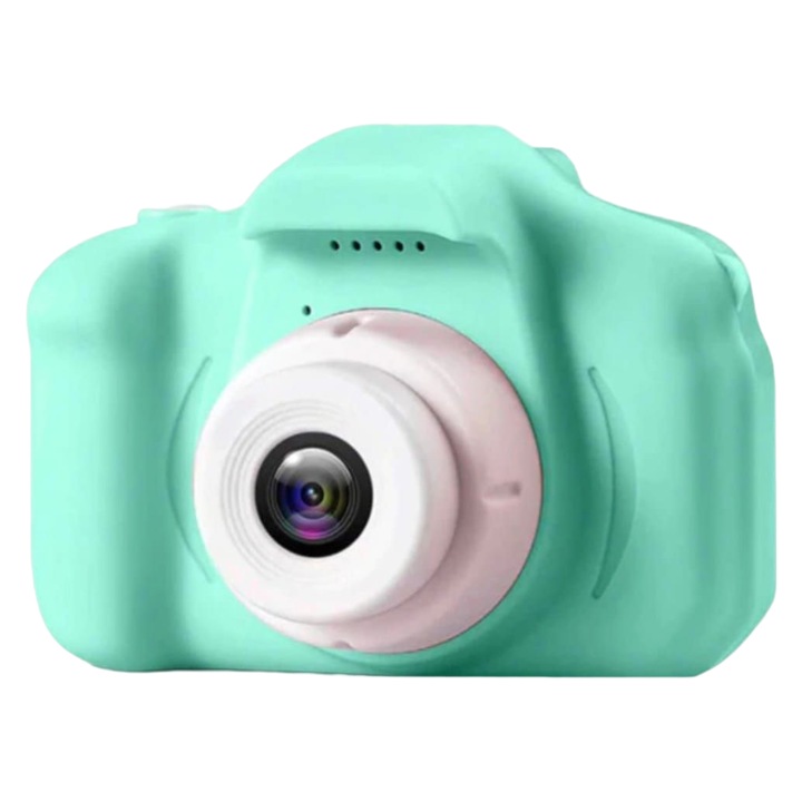 Camera foto digitala pentru copii, functie foto/video,4 jocuri incluse, 7 scene si 4 cadre foto distractive, 3264/2448 pixeli, lentile 0308, ABS calitate superioara, ecran 2 inch turcoaz