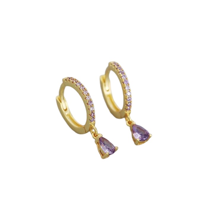 Női fülbevaló, háromszög, aranyozott, ezüst/cirkon, arany/ibolya