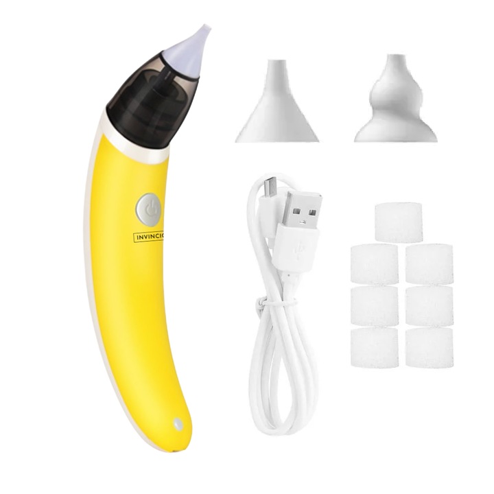 Aspirator nazal pentru bebelusi Invincio® Easy, 5 nivele de aspirare, putere aspirare 60KPa, 2 capete silicon medical, 8 bureti filtru, portabil, incarcare USB, capete lavabile, 0-36 luni, Galben