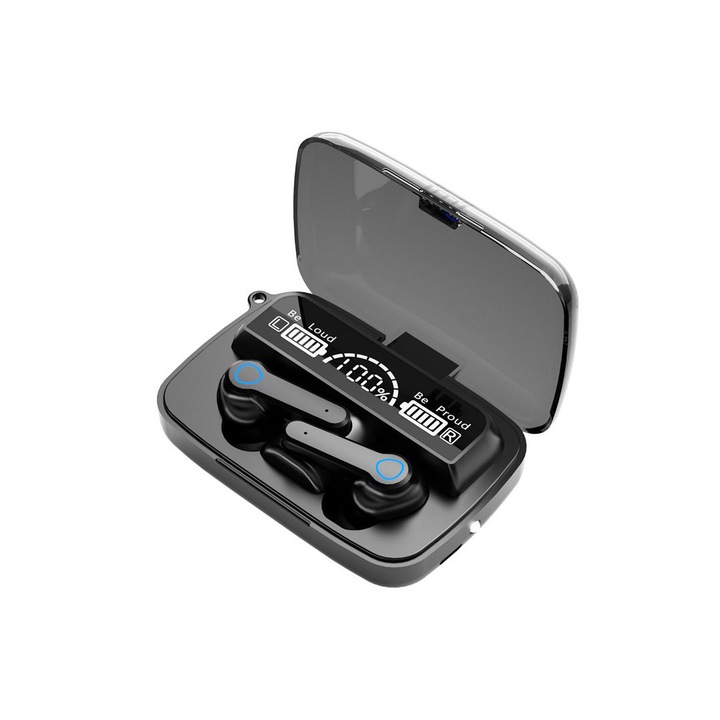 TWS vezeték nélküli fülhallgató mikrofonnal, bluetooth 5.1, vízálló IPX7, kijelzőLED, HD Sound HIFI, zseblámpával, fekete