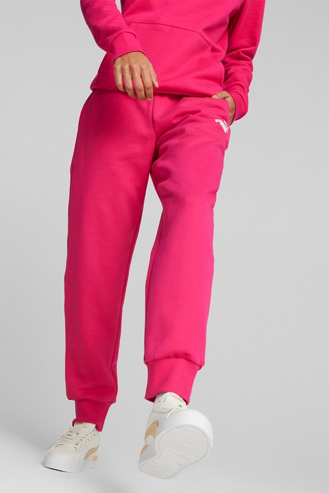Puma, Pantaloni de trening cu croiala conica si logo Essentials, Fucsia