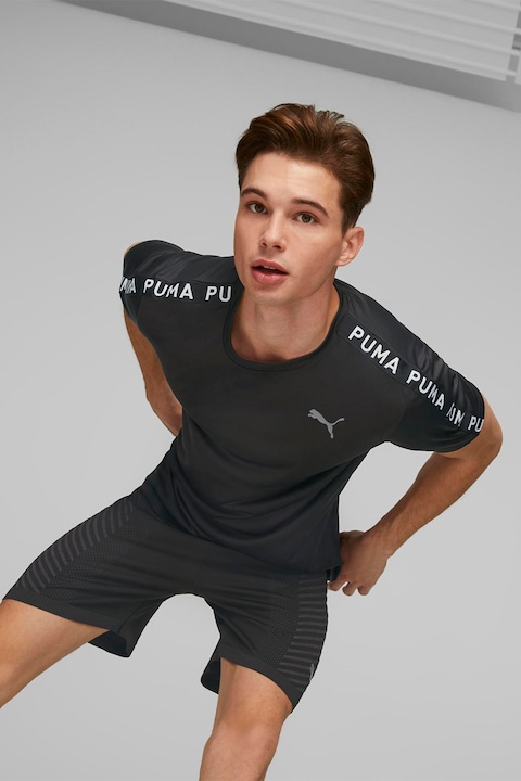 Puma, Tricou cu benzi logo, pentru fitness, Negru