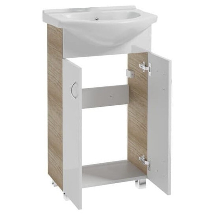 Set dulap cu chiuveta baie, DomoDomo, PAL, 80x50x26 cm, Alb/Maro