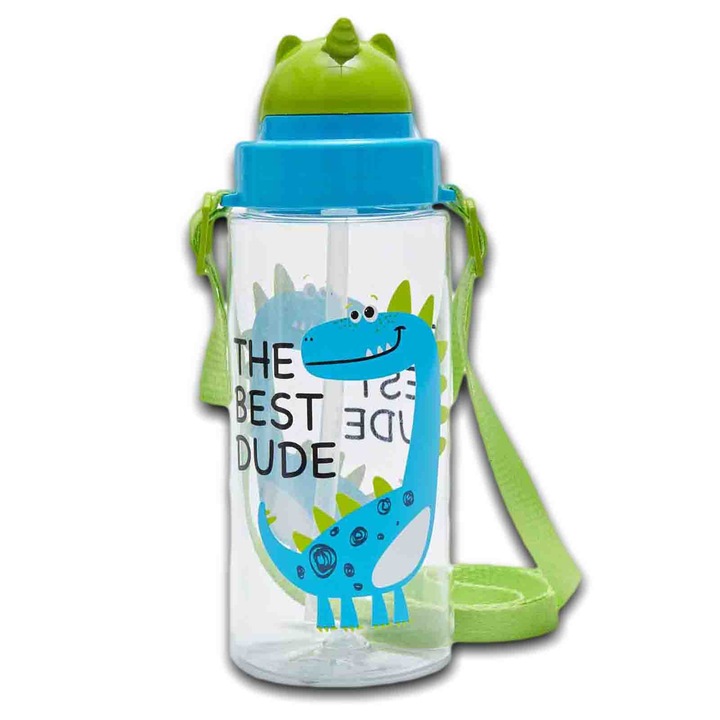 Sticla apa copii cu pai, reutilizabila, din Tritan, Fara BPA, Bidon, 500 ml, Dinozaur