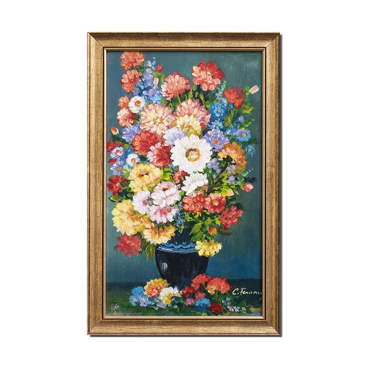 Tablou pictat manual inramat Artnova, Vaza cu flori multicolore, pictura 55x35cm ulei pe panza