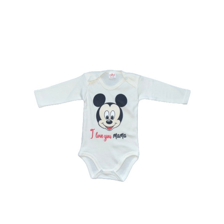 Body cu maneca lunga pentru băieți, Mickey, I LOVE you mama, Alb