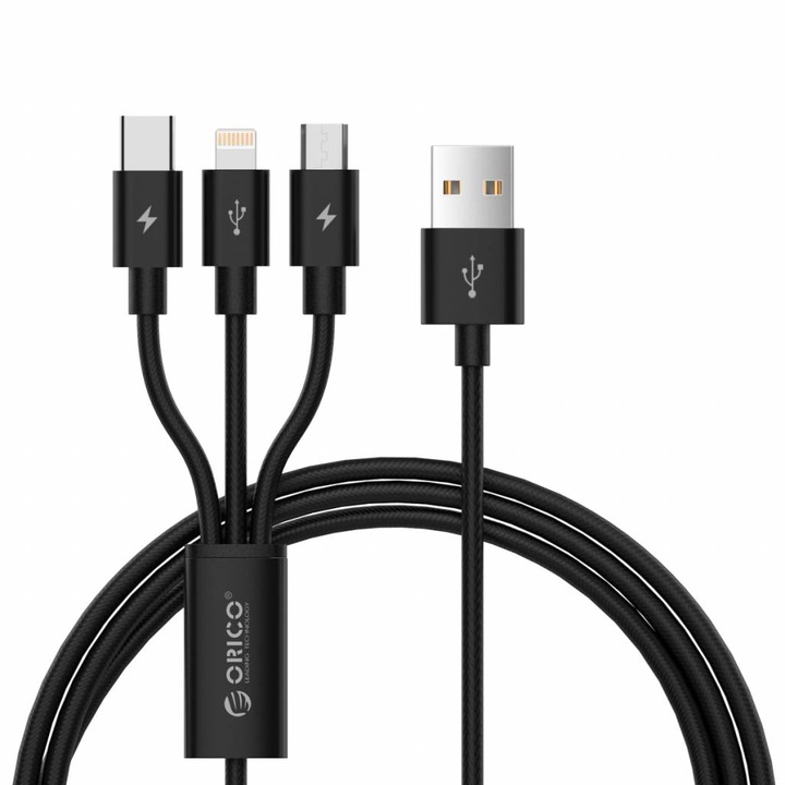 Cablu USB de incarcare rapida 3in1 micro USB / USB-C / lighting, 3A, lungime 1.2m, compatibil iPhone, Samsung, Huawei, negru