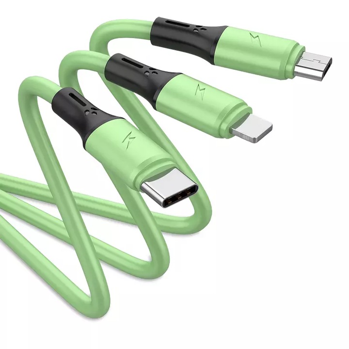 Cablu de Date 3 in 1 SeveShop, MicroUSB, USB-C si Lightning, Incarcare Rapida si Transfer de Date, Compatibil cu iPhone, Samsung, Huawei, Xiaomi si Alte Dispozitive, Lungime 1.2m, Design Rezistent la Indoire, Conectori Durabili, Ideal pentru Acasa, Verde