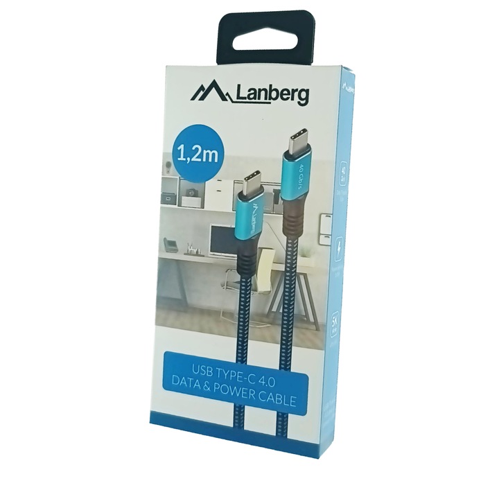 Cablu premium USB tip C v.4.0, tata-tata, 1.2m, Lanberg 43674, PD 100W, 5K@60HZ, 40Gbps, negru-albastru Negru 1.2 m