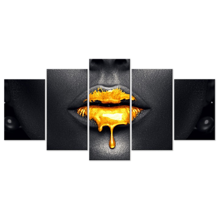 Tablou canvas 5 piese Artgeist, Gold Lips Wide, 200 x 100 cm