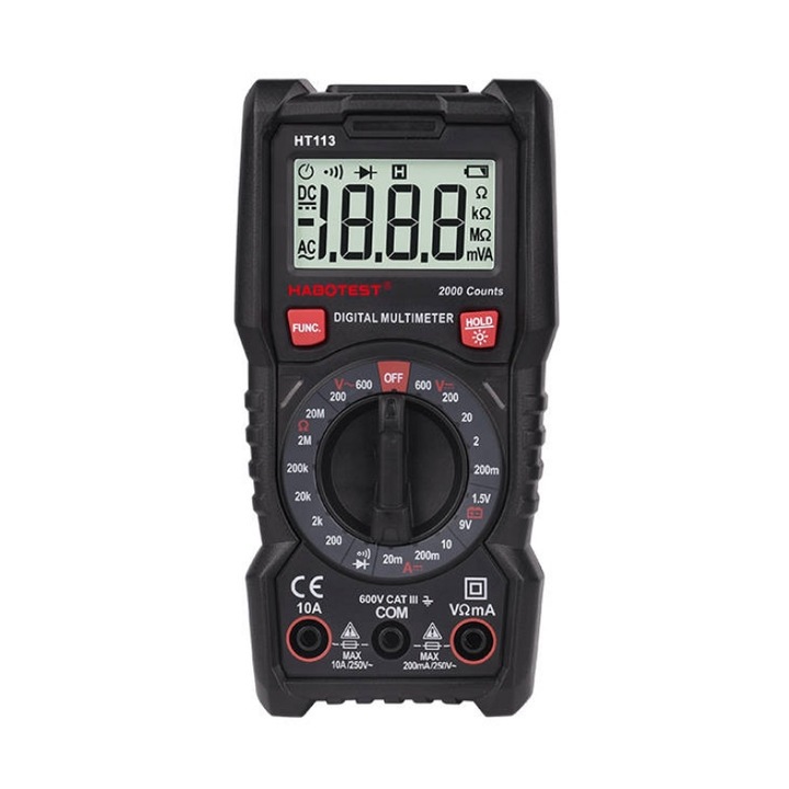 Digitális mérőműszer Habotest HT113, Univerzális multiméter, DC/AC feszültség, DC áram, Diódák, Ellenállások, Fekete
