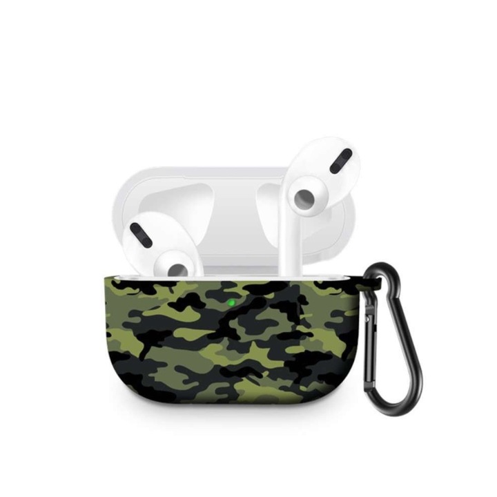 Husa pentru Apple AirPods Pro 1/2, cu carabina de prindere, Design Camo, Bibilel, Verde army, TEO-BBL7206