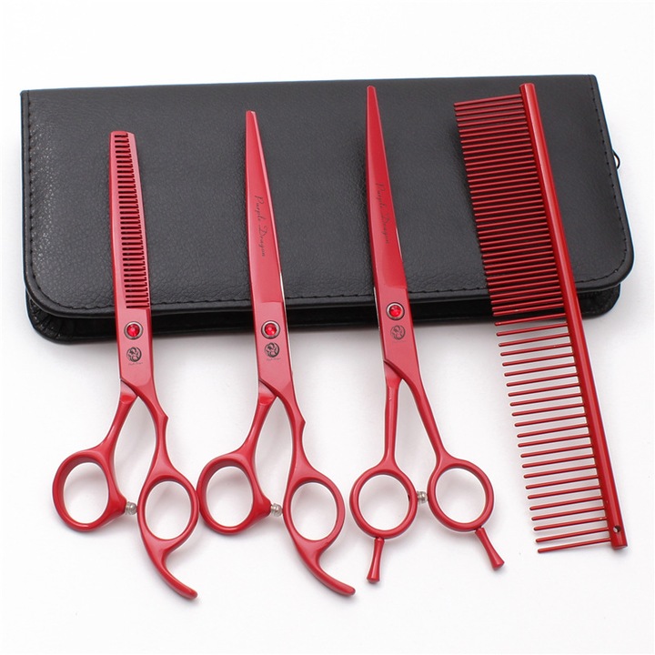 Set de 3 foarfeci profesionale plus pieptan pentru tuns animale cu trusa pentru depozitare, rosu