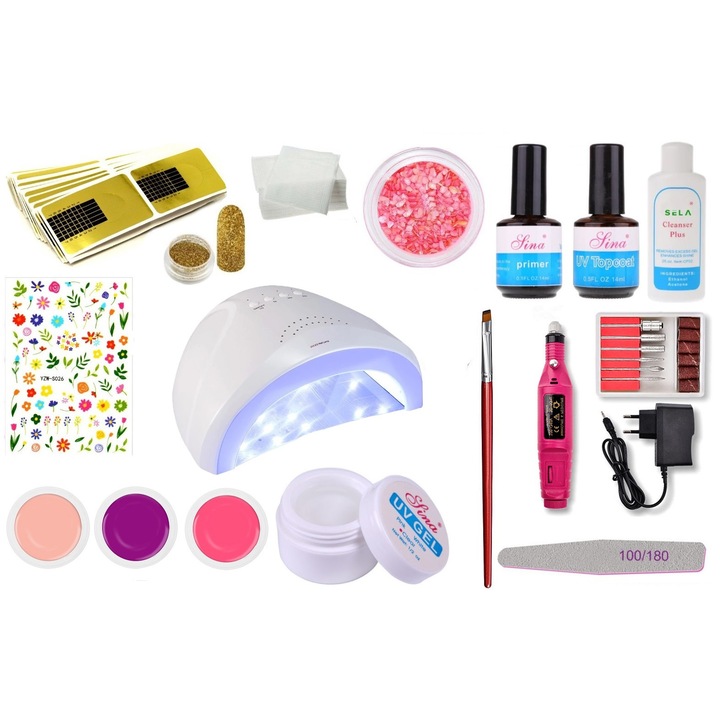 Kit Unghii False Cu Gel Uv, Nr. 53, Lampa Uv, 69 de piese, Sela