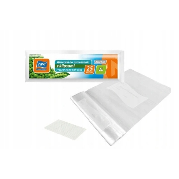 Set 25 pungi pentru congelator, Ravi, Polietilena, 20x30cm, 2L, Transparent