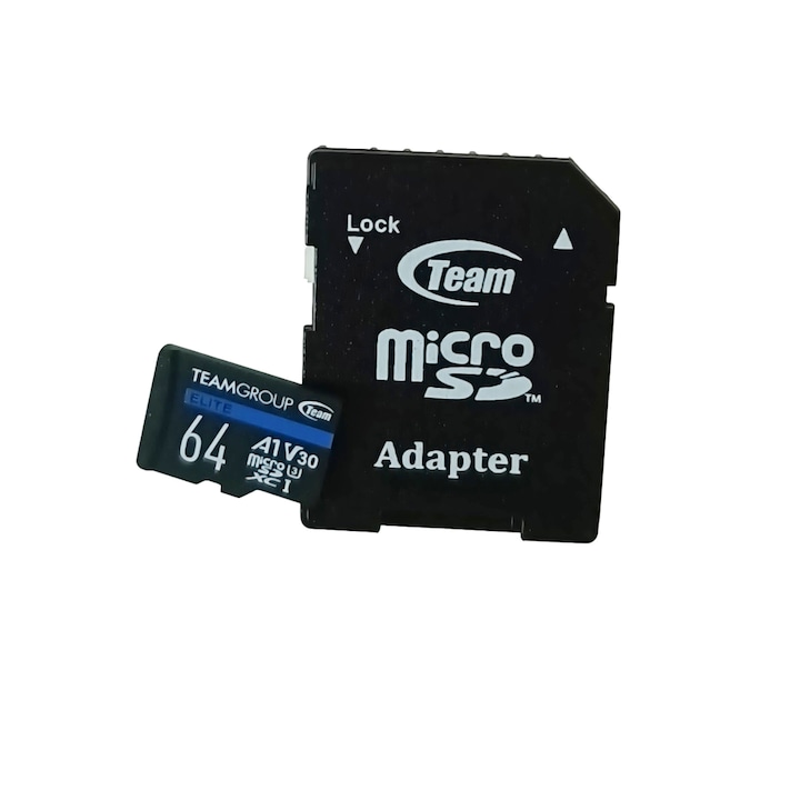 Карта памет microSDXC 64 Gb, UHS U3 V30 A1, TeamGroup ELITE 64535, 4K, 100/50MB/s, с SD адаптер, черна